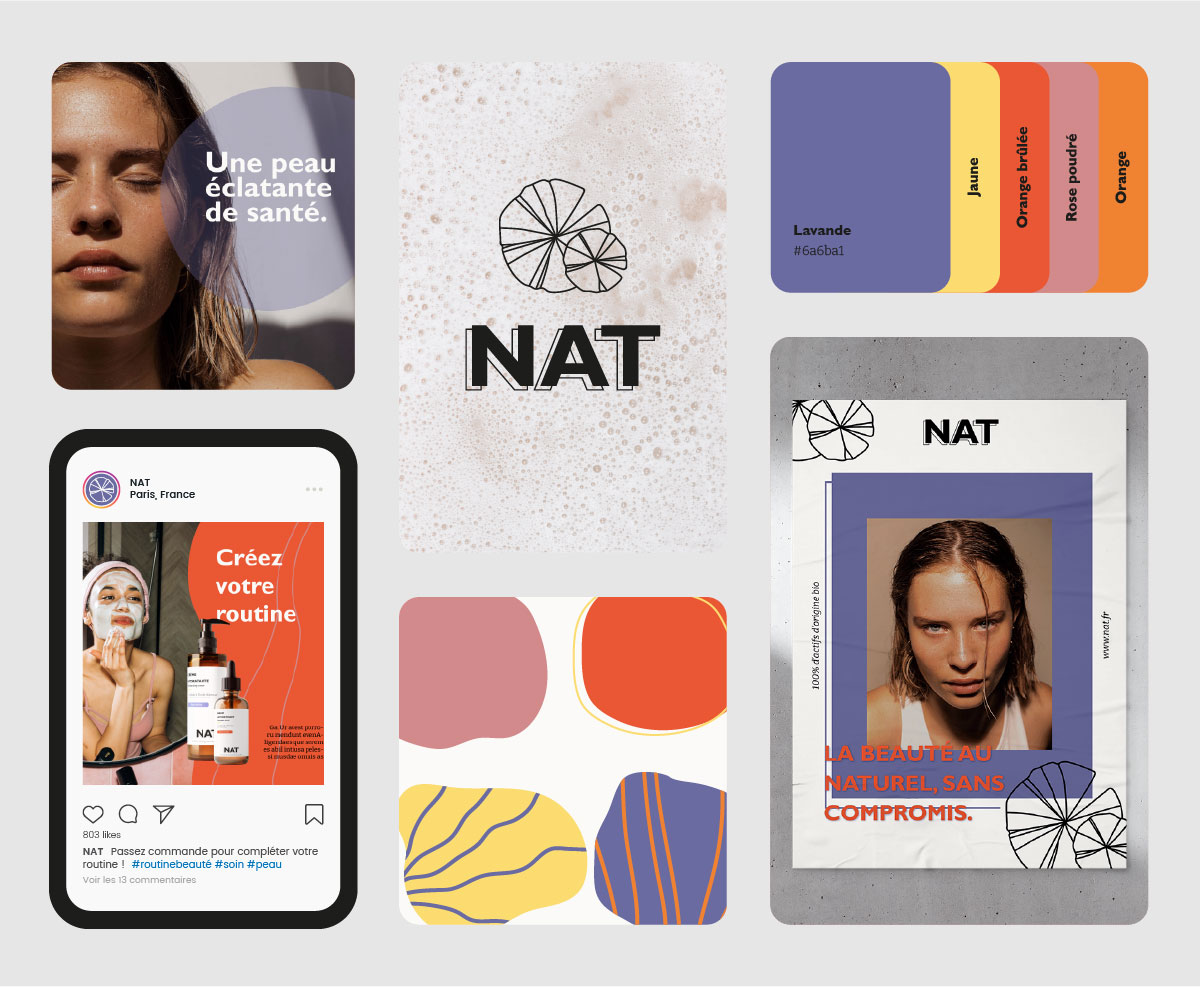 Présentation de la charte graphique de la marque Nat avec le logos, des motifs abstraits, les couleurs, le type de photos et de post Instagram.