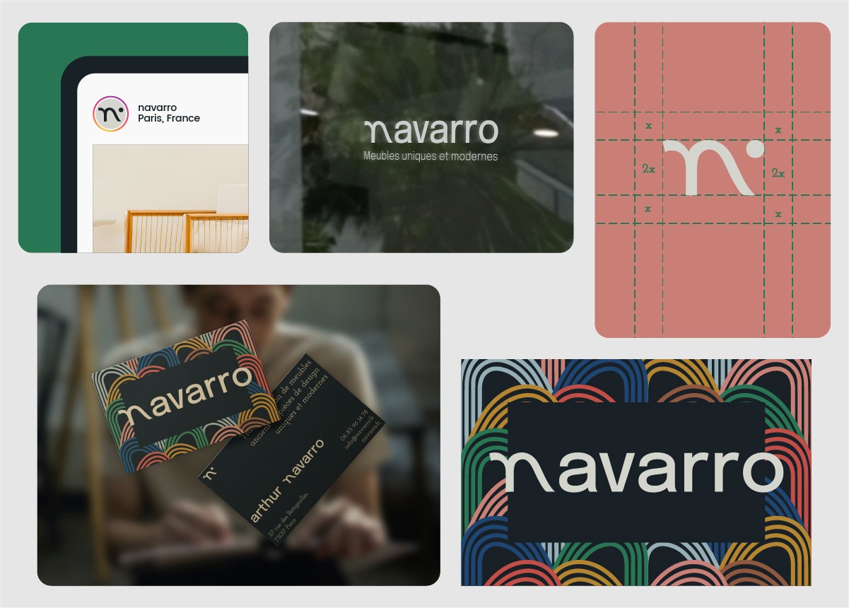 Mise en avant du symbole et du logo de Navarro sur divers supports : carte de visite, vitrine, respectant la distance de sécurité du symbole.