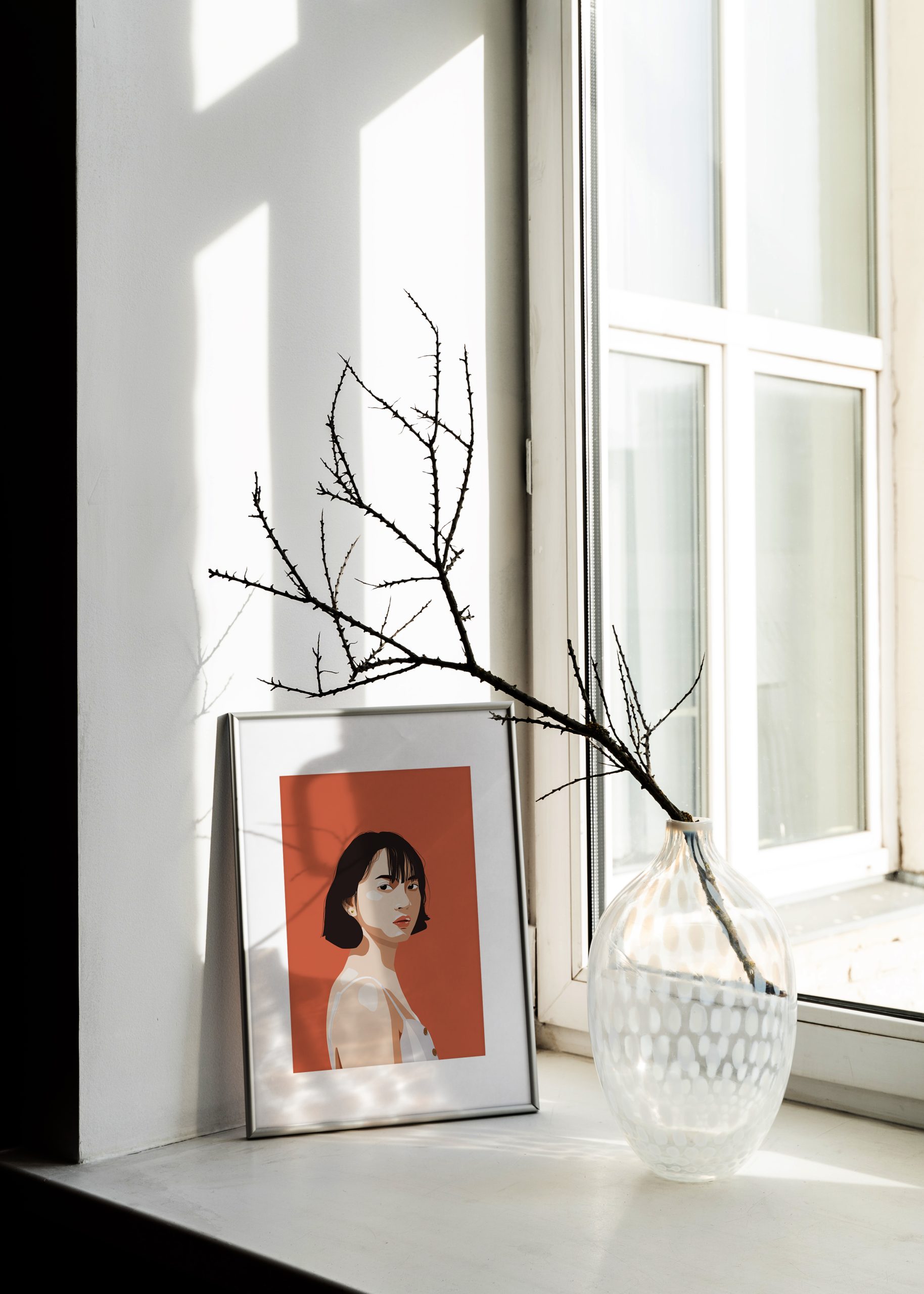 Portrait vectoriel d'une femme asiatique encadré sur fond rouge, dans une ambiance minimaliste et chaleureuse