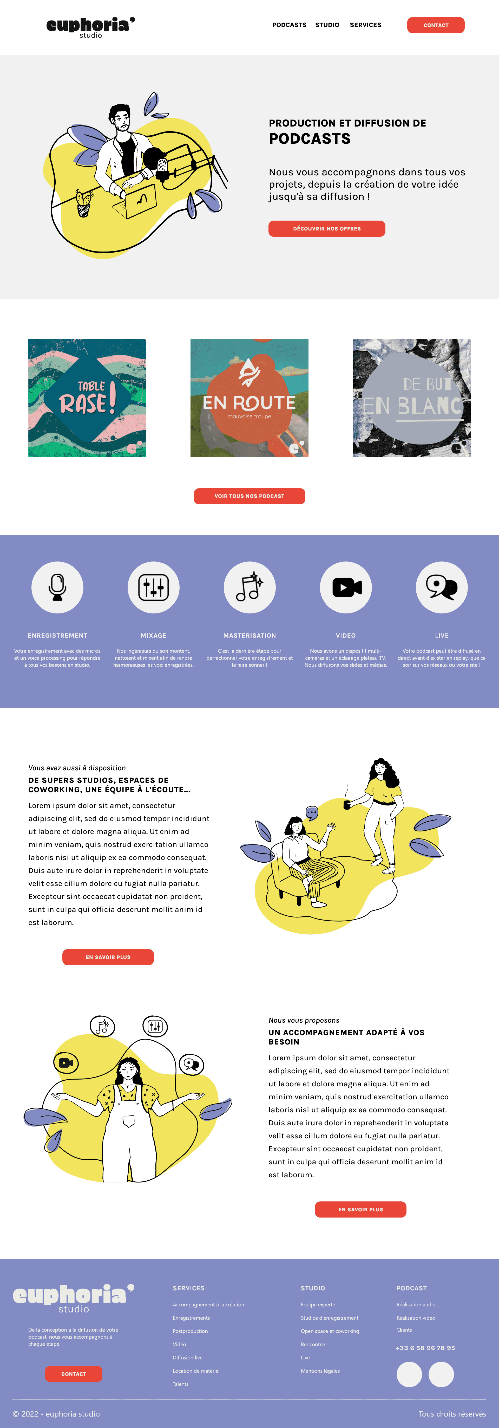 Maquette page d'accueil Euphoria : identité visuelle, disposition claire, couleurs harmonieuses, contenu attractif.