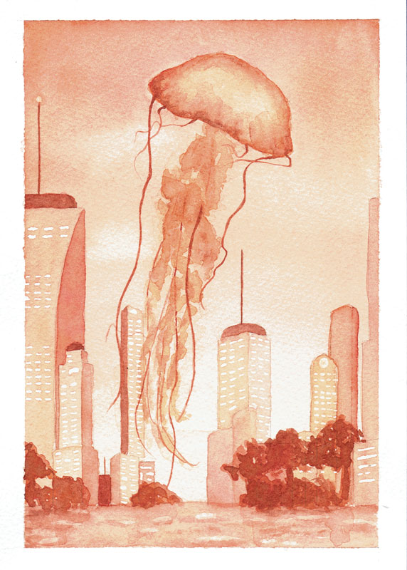 Aquarelle monochrome orange d'une méduse survolant une ville et des immeubles.