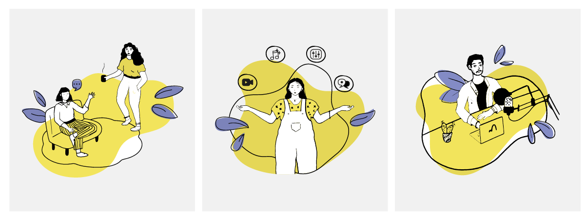 Illustrations résumant les offres de Euphoria : studios et esprit d'équipe, accompagnement pour les podcasts, enregistrement et diffusion.