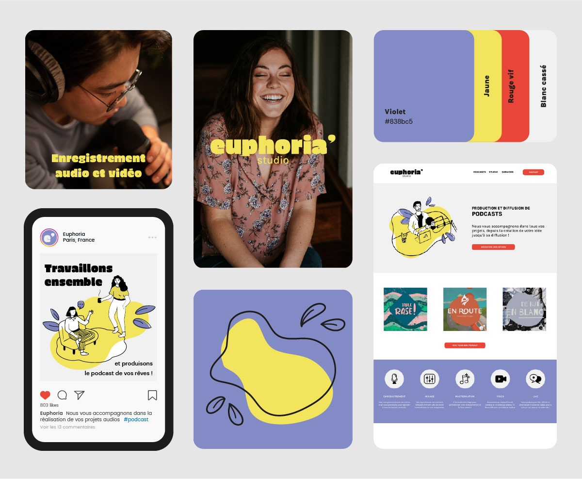 Charte graphique de la marque 'Euphoria' : logo, couleurs, typographies, images et post Instagram pour une identité visuelle cohérente.