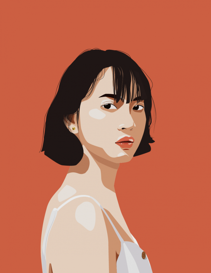 Portrait vectoriel minimaliste d'une femme asiatique sur fond rouge, dégageant une atmosphère chaleureuse.