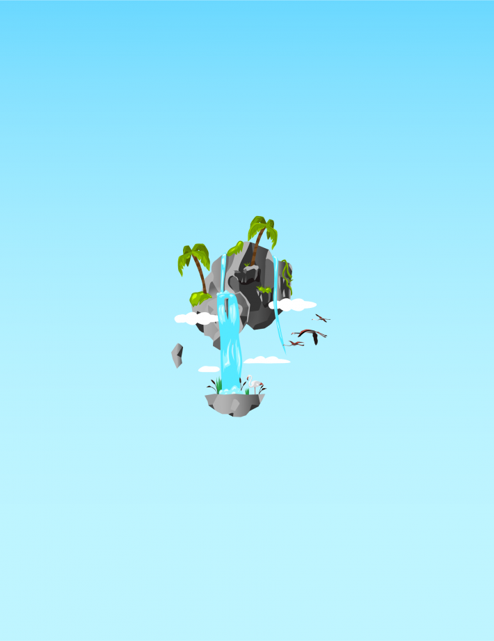 Illustration île flottant dans le ciel : scène fantastique avec île suspendue dans les nuages, créant atmosphère d'émerveillement et d'évasion.